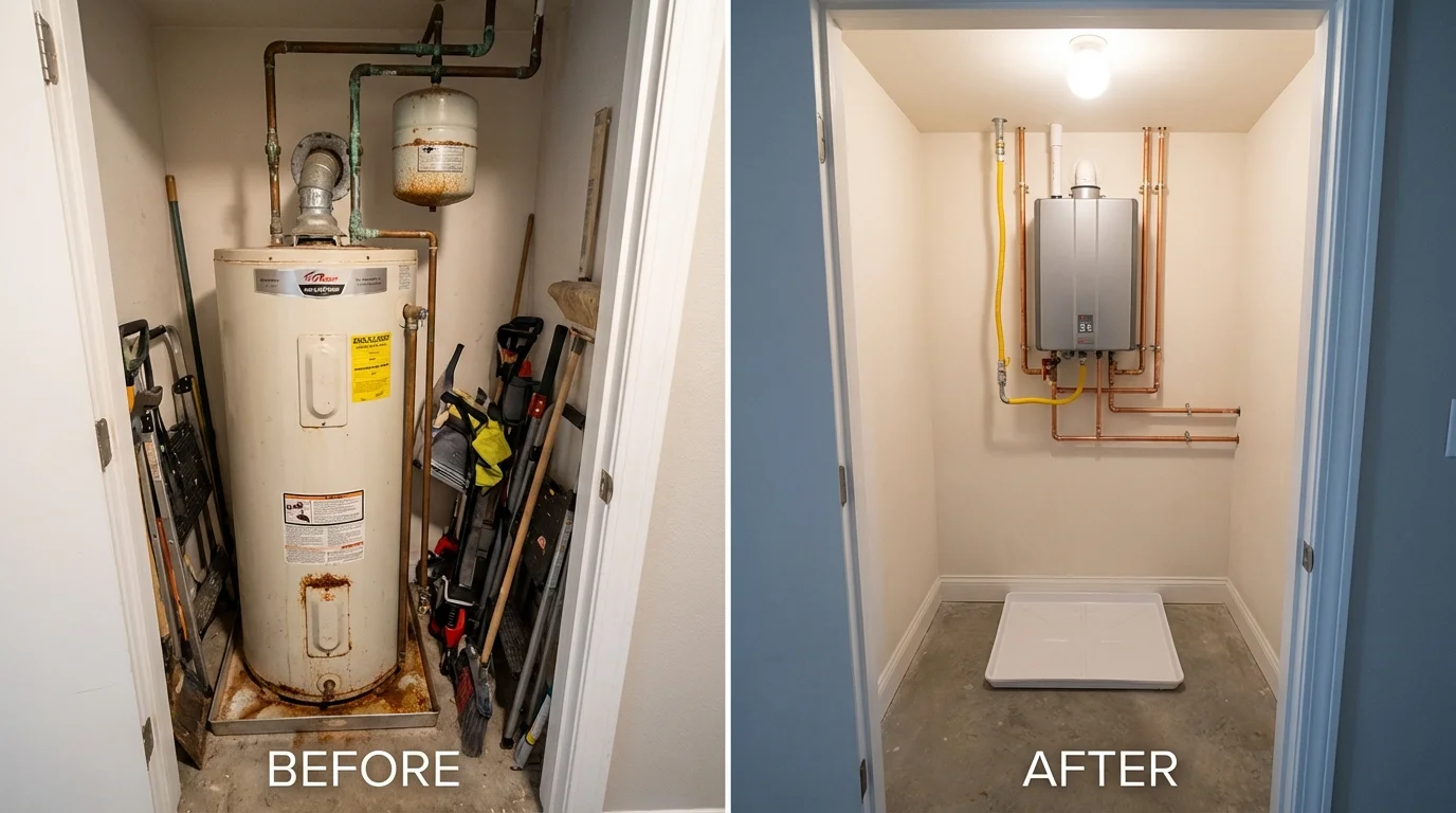 Tank water heater versus wall-mounted tankless unit comparison for Collinsville, VA homeowners
