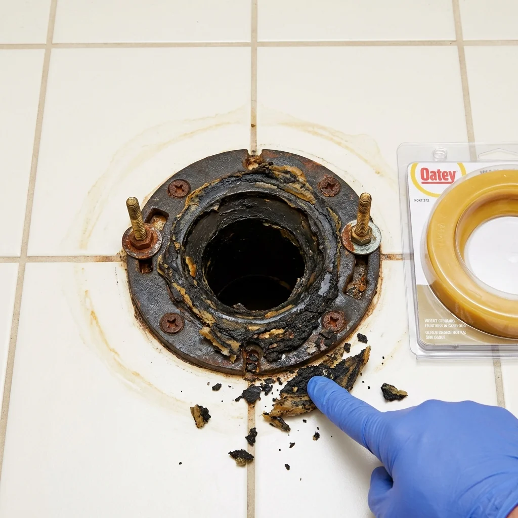 Failed wax ring showing water seepage at the base of a toilet in a Collinsville, VA home