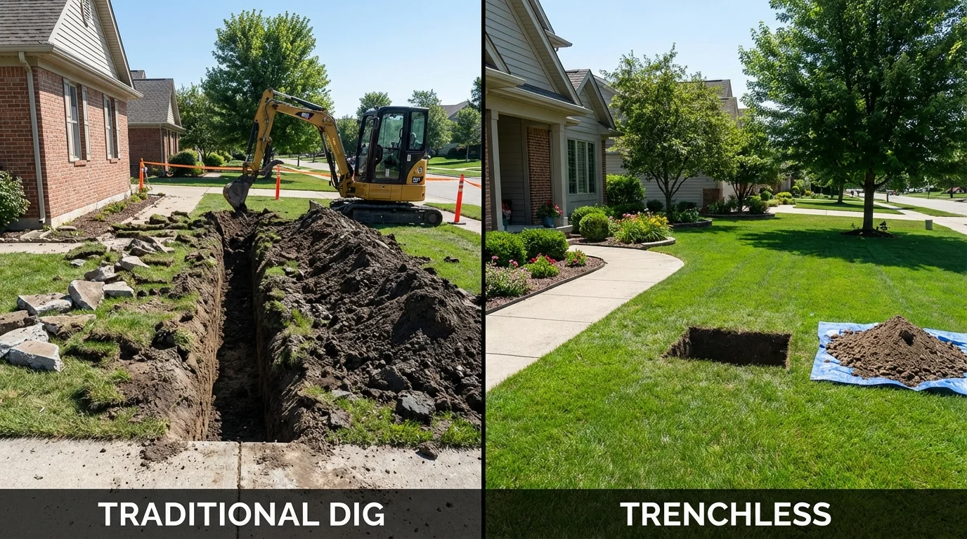 Trenchless sewer repair with minimal yard damage versus traditional excavation in Collinsville, VA